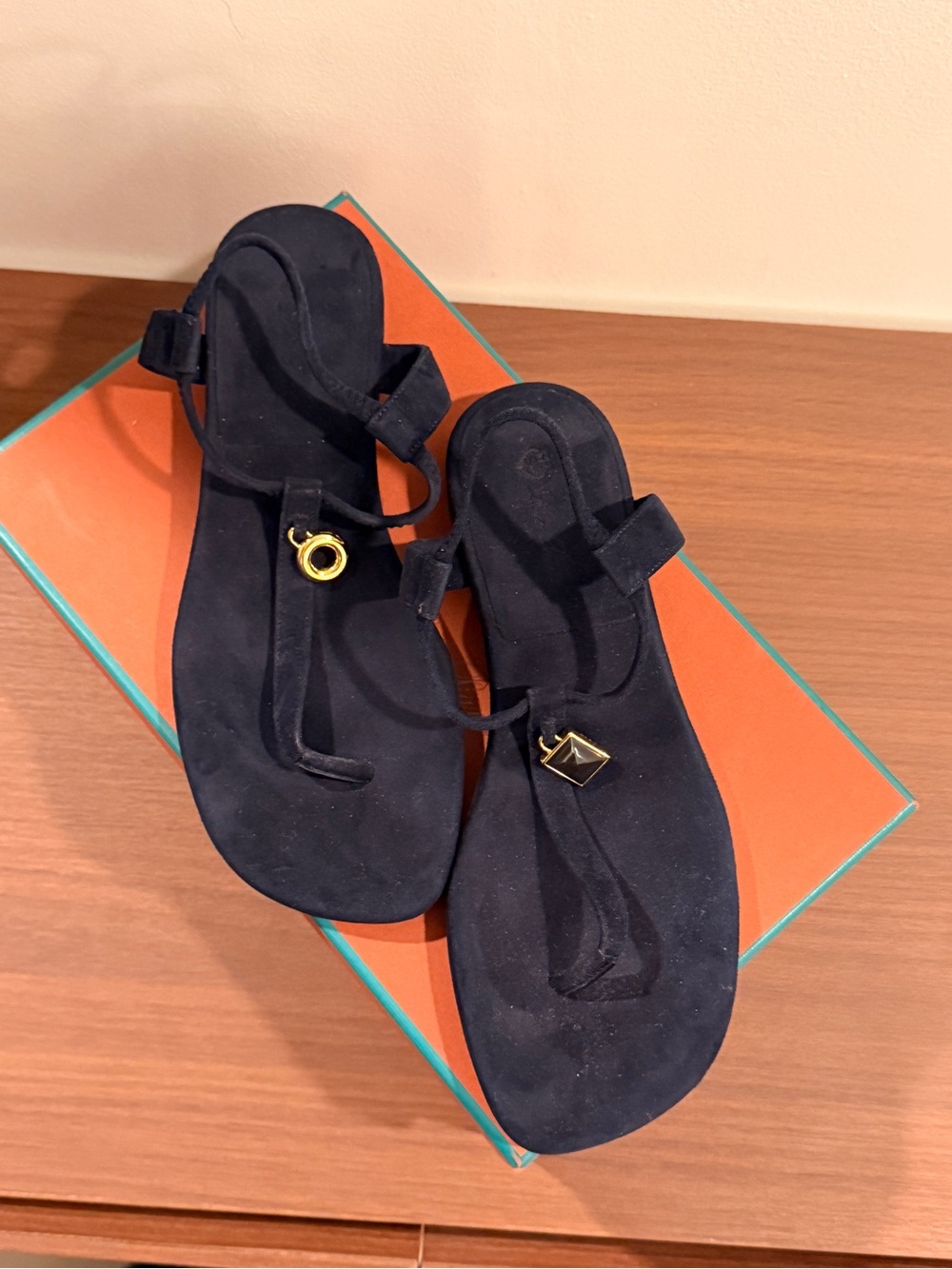 Loro Piana Navy Suede T-Strap Sandals with Gold Accents